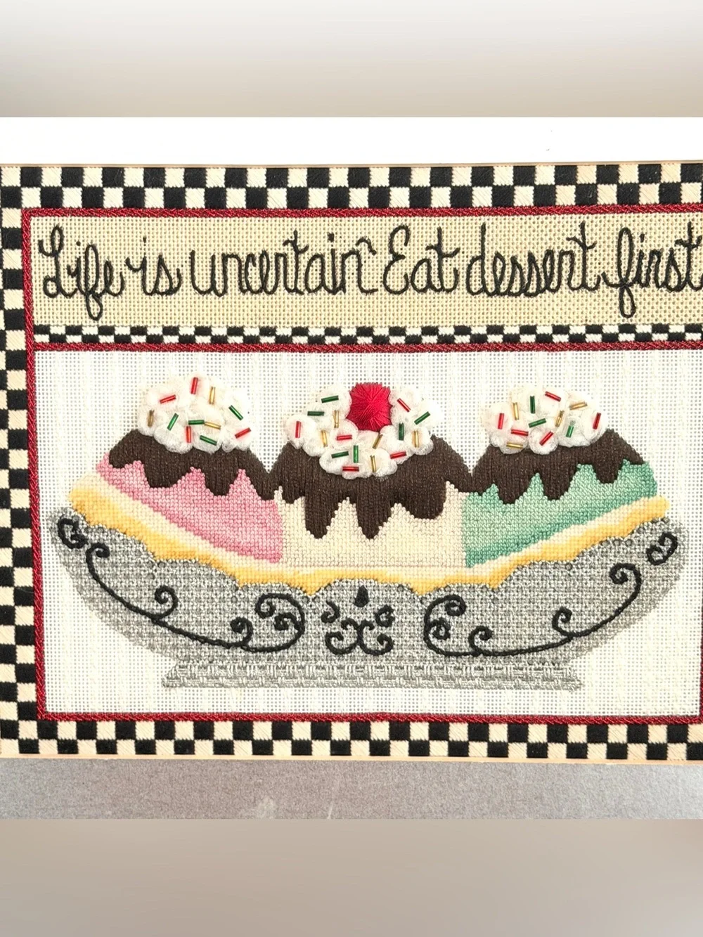 Vintage Retro Dessert Needlepoint Wall Art Checkerboard Kitchen Decor 13.5x15.5